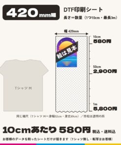 DTFシート 420mm幅 長さ10cmあたり580円（税込・送料込）。長さ＝数量（1つ10cm・最長3m）。Tシャツ M と同じ縮尺の大きさの図。絵は見本